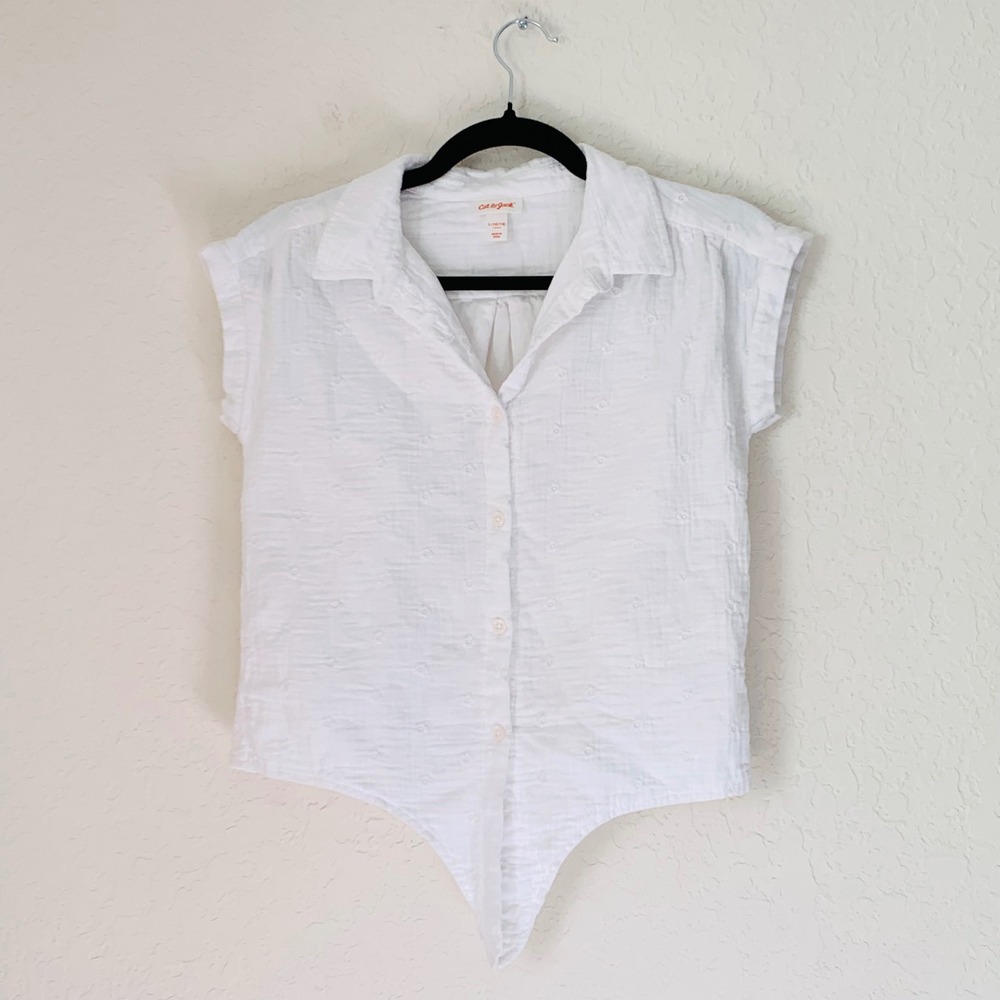Cat & Jack Top Girl 10/12 White Cotton Gauze Embroidered Tie Front Button‎ Down